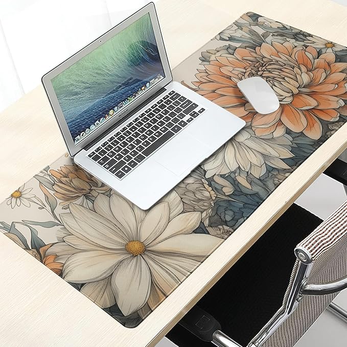 Japanese Minimalist Floral Desk Mat Vintage Botanical Flower Mouse Pad Beautiful Flowers Desk Pad 35.4”x15.7” Cute Floral Gaming Mouse Pad with Non-Slip Rubber Base Stitched Edge for Home Office Work
