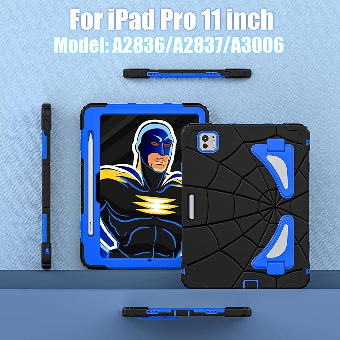 AKABEILA Compatible with Apple iPad Pro 11(2024) 11 inch Tablet Case，Lightweight Shockproof Rugged Protective Cover with Kickstand for Kids Children Boys Babies Black Blue