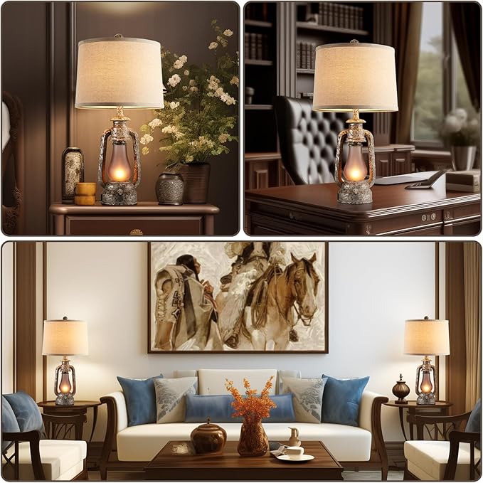 Farmhouse Rustic Table Lamps for Living Room Set of 2,Vintage Lantern Table Lamp with Dual USB Ports, 25" Tall Retro Bedside Lamp for Bedroom Nightstand, 4 Bulb Included (Iron Gray)