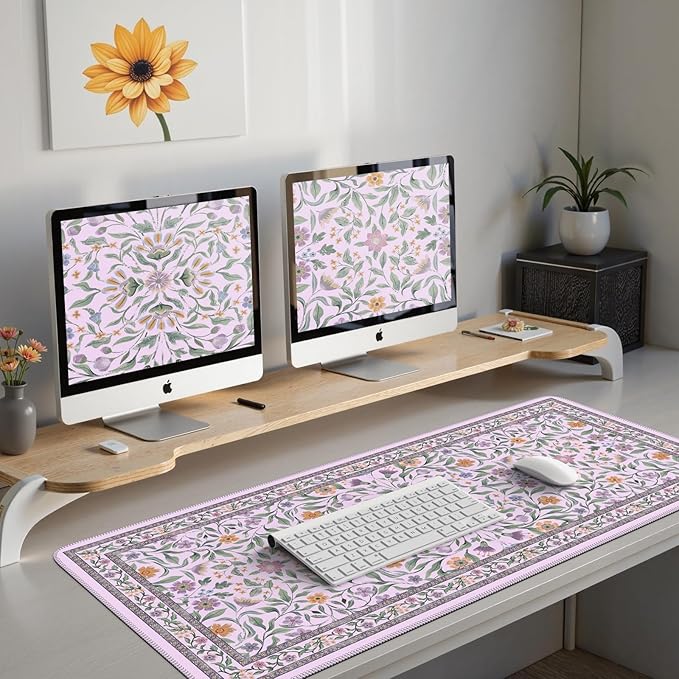 iLeadon Desk Matt for Desktop, Purple Mouse Pad for Keyboard, Floral Gaming Desk Mat with Non-Slip Base, Stitched Edges Large Keyboard Mat 35.4x15.7 Inch for PC & Home Office (Purple)