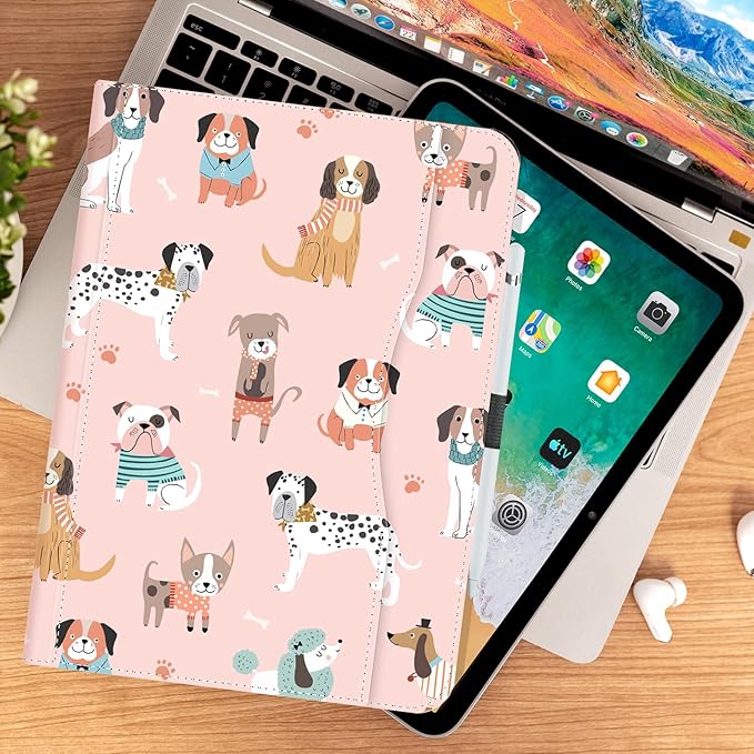 for iPad (A16) 11Th/10Th Generation Case 2025/2022, Cute Dog for iPad Case 11Th/10Th Generation, iPad 10Th/11Th Gen Cases Cover Pencil Holder/Hand Strap/Pocket/Adjustable Stand, Pink Dogs