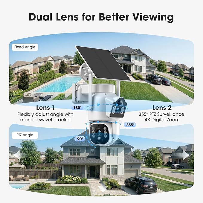 Camcamp Dual Lens Solar Security Cameras Wireless Outdoor System, 1 Camera (2 Views), 2.4/5 GHz WiFi, 2K Color Night Vision, 2-Way Audio, APP Remote, 0 Monthly Fee (1PC-Camera)