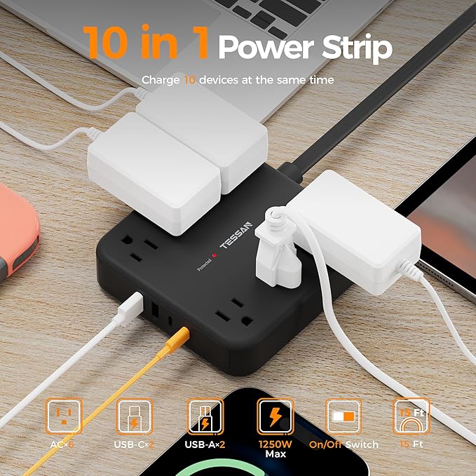 TESSAN 15Ft Black Extension Cord with Multiple Outlets, Surge Protector Power Strip with 6 Outlets and 4 USB Ports (2 USB C), 2100 Joules Protection, Flat Plug, Outlet Extender for Home, Office, Dorm