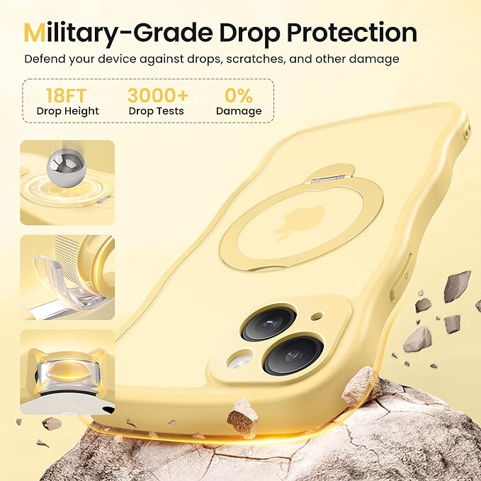 CAPRARO for iPhone 15 Case with 360° Spin Magnetic Stand for Women, [Compatible with MagSafe] [Full Camera Protection] Cute Wave Translucent Matte Case for iPhone 15, Jasmine Yellow
