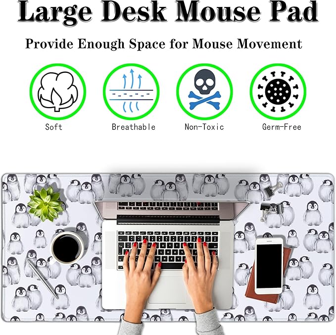 Gaming Mouse Pad White, Big Mouse Pads Office Desk Pad, XXL Mousepad Non-Slip Rubber Base Waterproof with Stitched Edges, 35.4 X 15.7 inch for Work/Game/Office/Home Little Penguin Isolated
