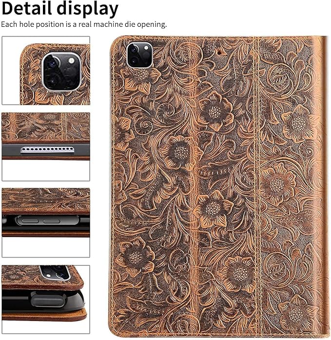 Gexmil Genuine Leather Case for iPad Pro 11 Inch 4/3/2/1st Gen 2022/2021/2020/2018,Smart Folio with Pencil Holder,Protective Shockproof Real Leather Cover,Auto Sleep/Wake,Flower Brown