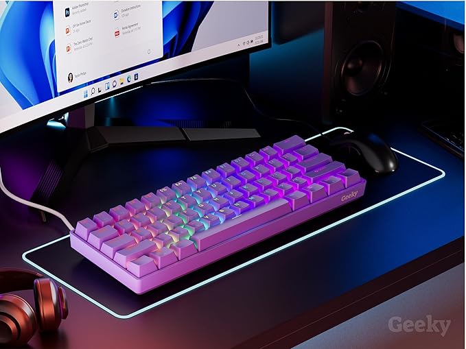 Geeky GK61 60% | Hot Swappable Mechanical Gaming Keyboard | 61 Keys Multi Color RGB LED Backlit for PC/Mac Gamer | ANSI US American Layout (Lavender, Mechanical Red)