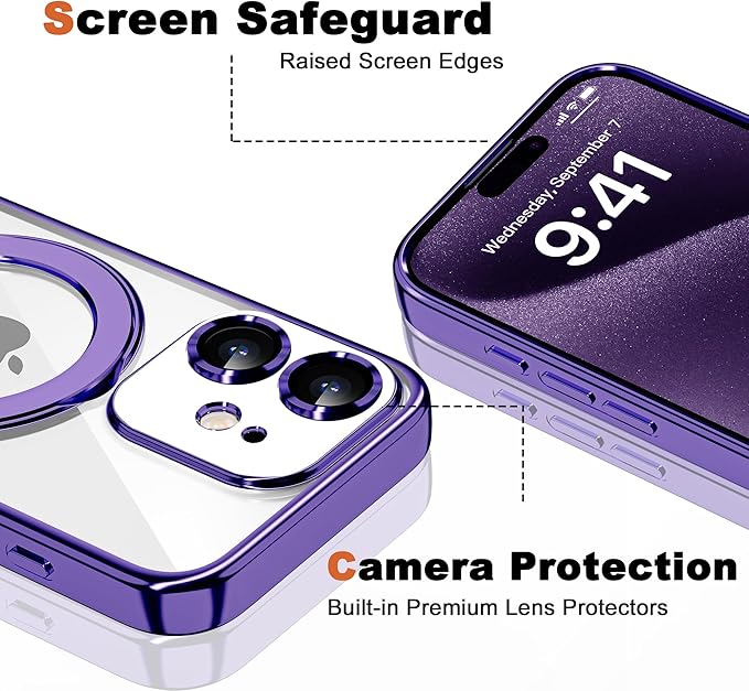Compatible with iPhone 12 Case with Invisible Magnetic Ring Stand [Compatible with Mag-Safe] [Full Camera Lens Protector] Plating Clear Phone Case for iPhone 12 6.1", Purple