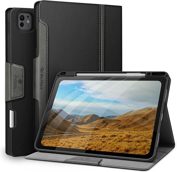 Antbox for iPad Pro 13 Inch Case M5 2025/M4 2024, Built-in Pencil Holder, Supports Pencil Pro/(USB-C), Auto Sleep/Wake, PU Leather (Black)
