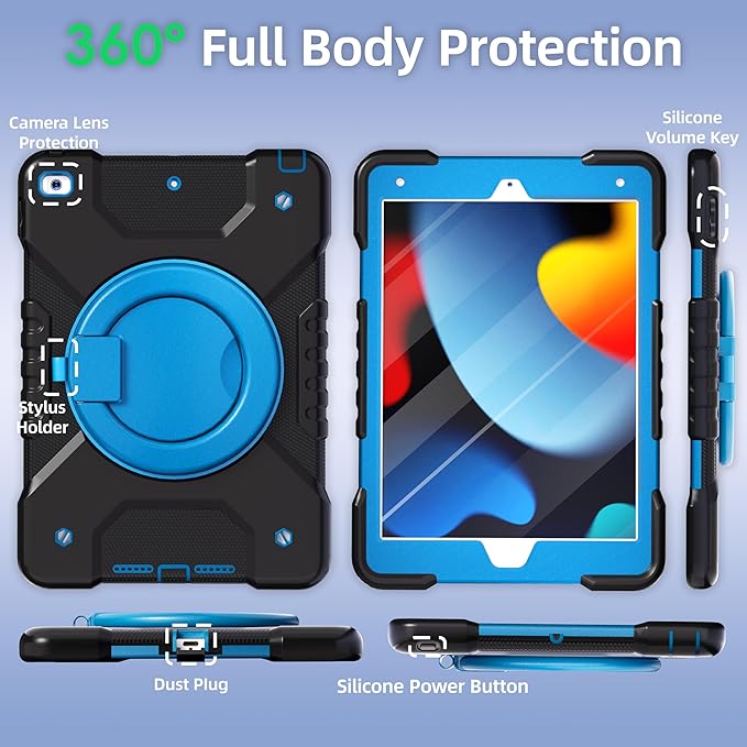Andnary Case for iPad 9th/8th/7th Generation 10.2 inch, Shockproof Cover with Screen Protector/360° Rotating Handle/Bracket/Pen Holder/Shoulder Strap, Kids Case for iPad 2021/2020/2019 (Black+Blue)