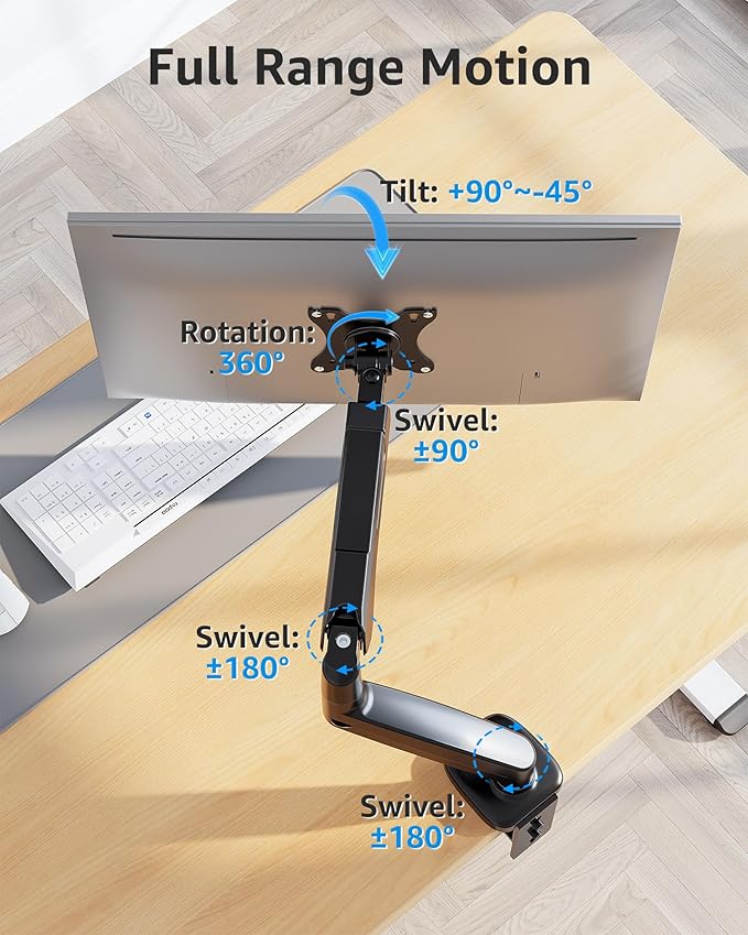 MOUNTUP Single Monitor Desk Mount Holds Screen up to 32 inch, Height Adjustable Monitor Arm, Full Motion Computer Monitors Stand with Clamp/Grommet Base, VESA Mounts Fit 4.4-17.6lbs Computer, Black