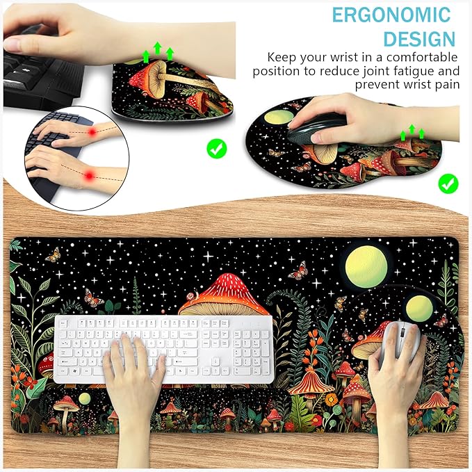 Blusabaca Mushroom Mouse Pad, Funny Cute Desk Mat Large Gaming Mouse Pad with Wrist Rest, Keyboard Pad Wrist Rest Ergonomic, Cup Coaster, Work Home Desk Accessories Office Supplies