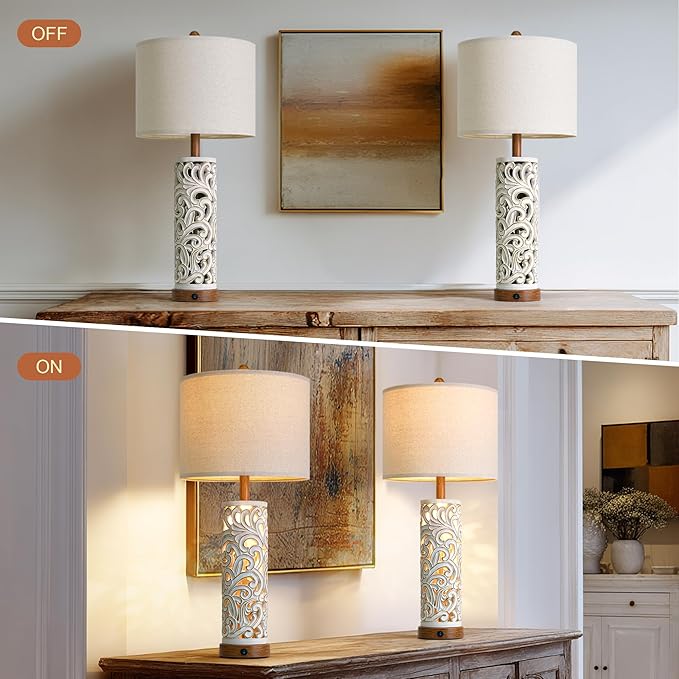 OYEARS 2-in-1 Light Table Lamp Set of 2 for Living Room, 28.5" Farmhouse Bedside Lamps with USB Charging Port, Main&Night Light & Dual Switches, Nightstand Lamp for Bedroom Home Office(Bulb Included)