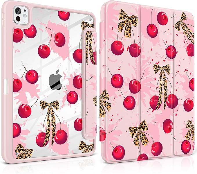 Case for iPad Pro 13 Inch (M5 2025 M4 2024) – [Built-in Pencil Holder], Shockproof & Stylish, Clear Hard Back + Soft TPU Edge, Magnetic Trifold Stand, Auto Wake/Sleep, Cherry & Leopard
