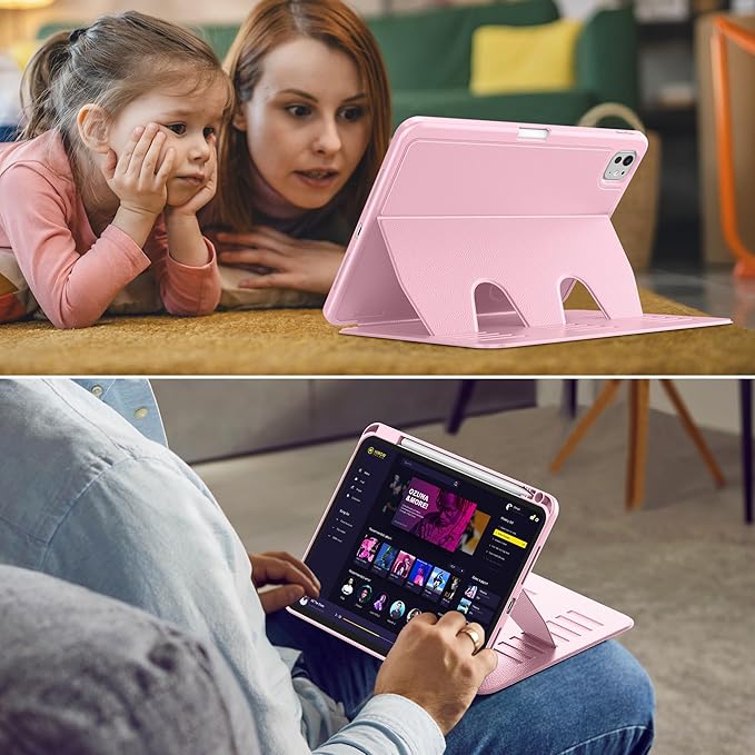 VIKESI Case for iPad Pro 11 inch (M5/M4) 2025/2024,Multiple Angles Magnetic Stand Cover,Shockproof Back,Pencil Holder,and Auto Sleep/Wake,Pink