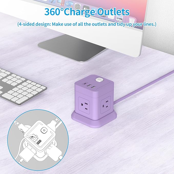 Cube Power Strip, FDTEK 4 Widely Spaced Outlet with 3 USB (1 USB C) Flat Plug Power Strips with Long Extension Cords Space Save Compact Portable for Travel Home Office Cruise (Purple) 10FT