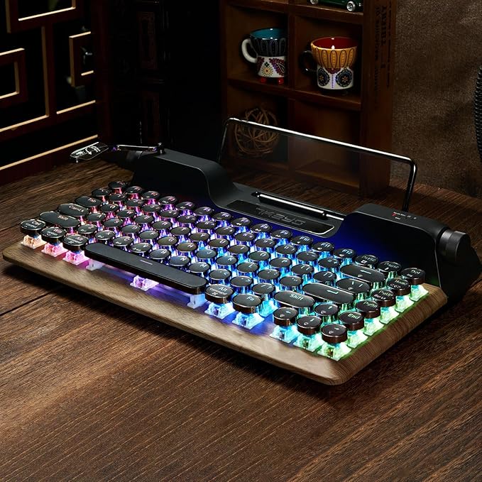 7KEYS Retro Typewriter Mechanical Gaming Keyboard, Vintage Style Computer Keyboard with Wireless Bluetooth5.0/Wired/2.4G, True RGB Backlight, Compatible with PC/Laptop/Tablet/Phone