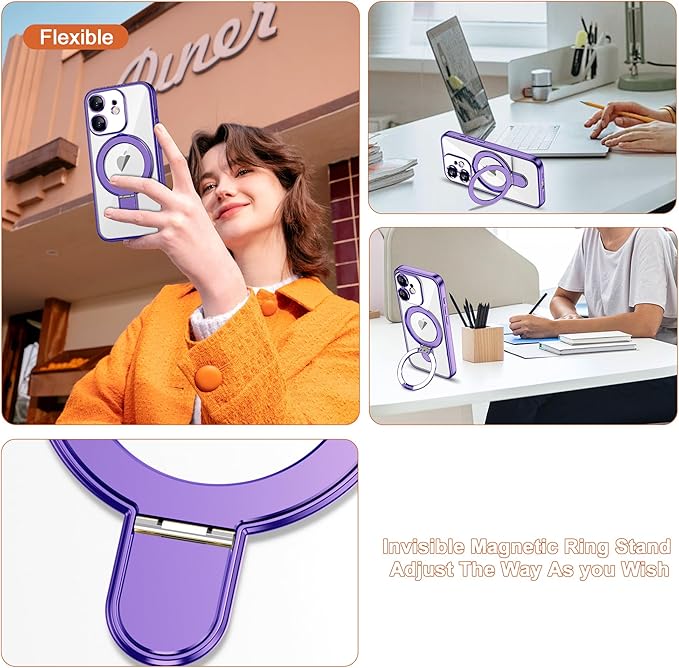 Compatible with iPhone 12 Case with Invisible Magnetic Ring Stand [Compatible with Mag-Safe] [Full Camera Lens Protector] Plating Clear Phone Case for iPhone 12 6.1", Purple