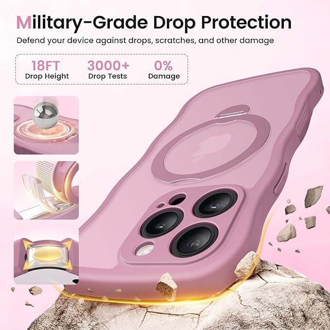 CAPRARO for iPhone 16 Pro Case with 360° Spin Magnetic Stand for Women, [Compatible with MagSafe] [Full Camera Protection] Cute Wave Translucent Matte Case for iPhone 16 Pro, Black Currant