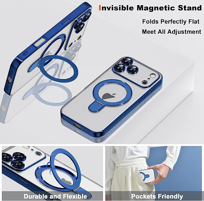 Compatible with iPhone 17 Pro Max Case with Magnetic Ring Stand [Compatible with Mag-Safe] [Full Camera Lens Protector] Plating Clear Phone Case for iPhone 17 Pro Max 6.9", Blue