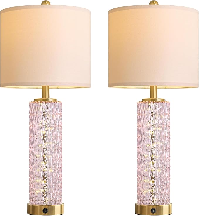 Oneach 27.75" Modern Table Lamps Set of 2, Pink Bedside Lamp with Class Nightlight, USB A+C, Unique Desk Lamps for Living Room, Bedroom, Nightstand, End Table (2 Bulbs Included)