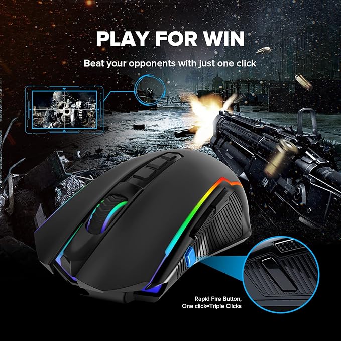 Redragon Gaming Mouse, Wireless Mouse Gaming with 8000 DPI, PC Gaming Mice with Fire Button, RGB Backlit Programmable Ergonomic Mouse Gamer, Rechargeable, 70Hrs for Windows, Mac Gamer, Black