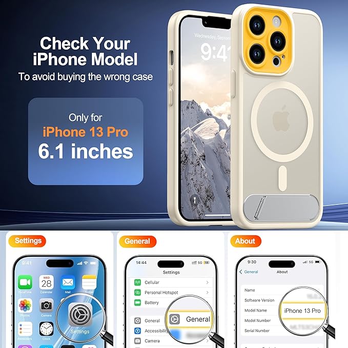 Magnetic Compatible with iPhone 13 Pro Case, [Built-in Kickstand][Full Camera Protection][Compatible with MagSafe][Anti-Fingerprint] Shockproof Phone Case for iPhone 13 Pro 6.1",Beige & Yellow