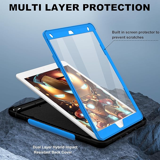 Andnary Case for iPad 9th/8th/7th Generation 10.2 inch, Heavy Shockproof Cover with Screen Protector/180° Rotating Handle/Bracket/Pen Holder/Shoulder Strap, Kids Case for 2021/2020/2019 (D-Black+Blue)