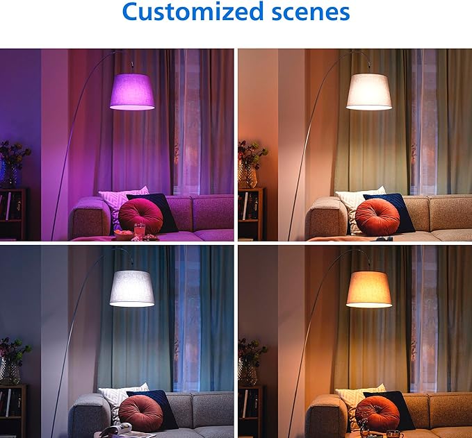 Philips Smart LED Full Color Light Bulb 4-Pack, A19 60W 800LM E26 Indoor, Sunset to Sunrise Automation + Motion Detection + Control with Voice or App, Matter Compatible