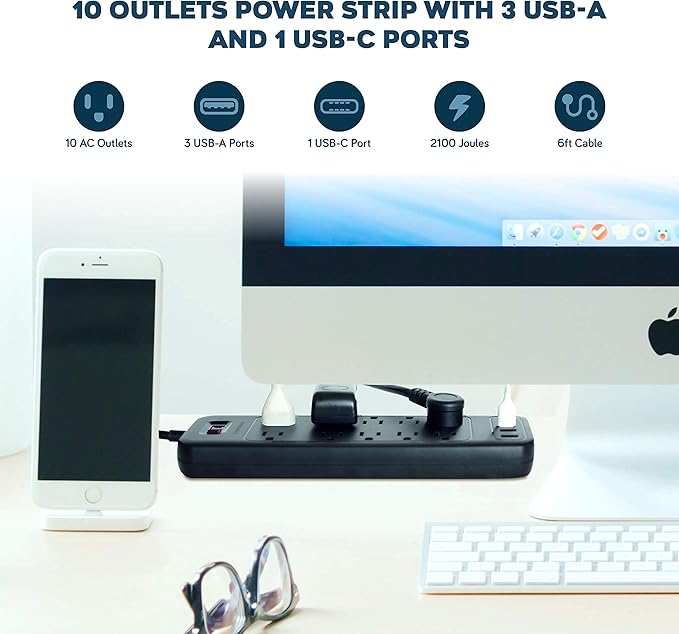 Power Strip Surge Protector USB-C and 10 AC Outlets, 3 USB and 1 USB C, Fast Charging Ports, Black, Flat Plug 6 ft Extension Cord, 2100 J 1875 Watts, 15A, Outlet Extender, ETL, BENTRONIC.
