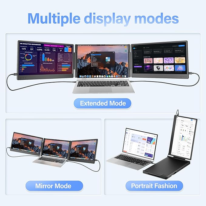 Laptop Screen Extender, 14" Triple Monitor Extender, 1080P FHD Portable Monitor for Laptop, Upgraded Auto-Width Fits 13-17.3" Laptops, Plug & Play Screen Extender Compatible with Windows/Mac/Chrome