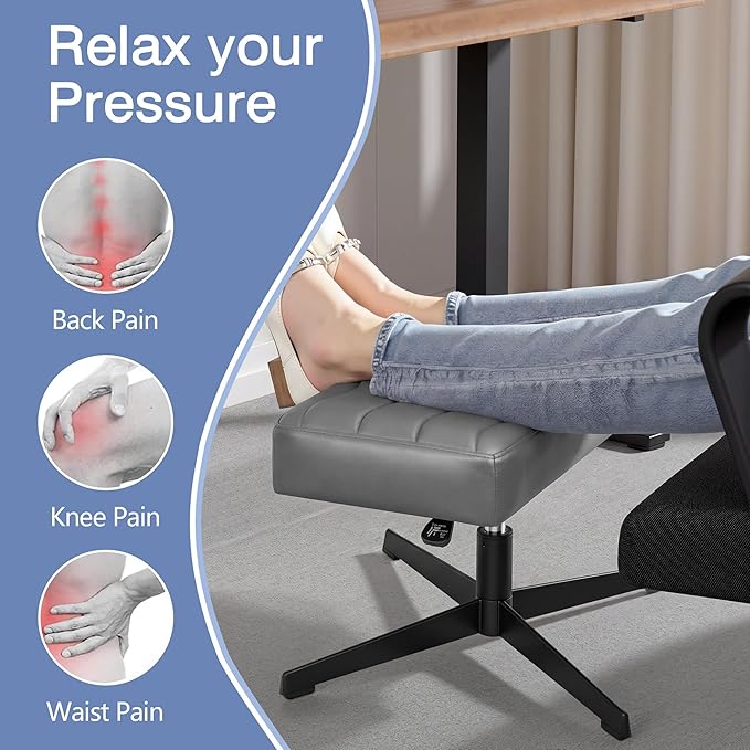 VECELO Under Desk Footrest, PU Ergonomic Foot Rest with Comfort Padding, Height Adjustable for Relieving Leg Pain, Stiffness, and etc, Gray