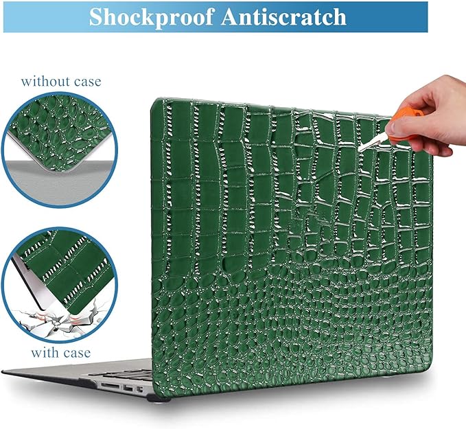 Compatible with Crocodile MacBook Air 13 inch Case 2021 2020 2019 2018 M1 A2337 A2179 A1932, Textured Elegant Luxury Aligator Skin Snakeskin PU Leather Hard Shell & Keyboard Cover, Emerald Green