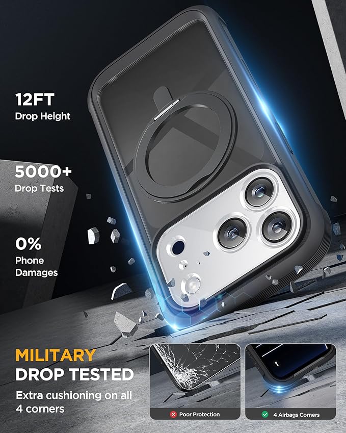 Miracase for iPhone 17 Pro Max Case with 360° Magnetic Ring Stand [Compatible with Magsafe] Full-Body Drop Proof Bumper Phone Case with Built-in 9H Tempered Glass Screen Protector,Black