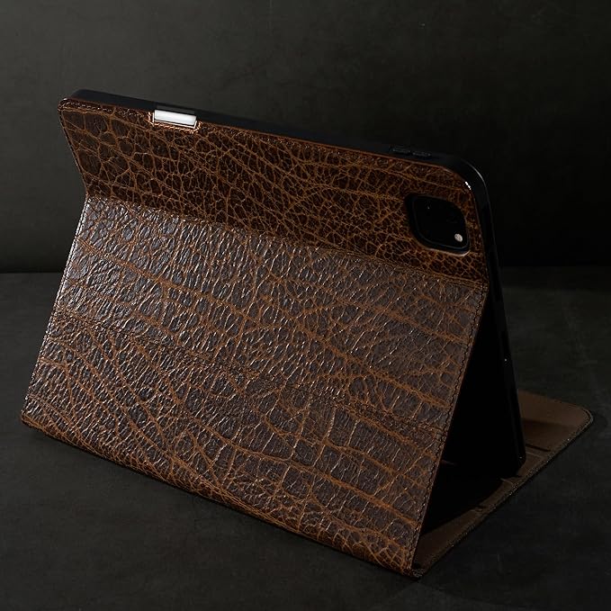 Gexmil Genuine Leather Case for iPad Pro 11 Inch (M5/M4) 2025/2024 with Pencil Holder,Protective Shockproof Leather Smart Folio Cover Adjustable Stand Auto Sleep/Wake Anti-Slip,Buffalo Pattern