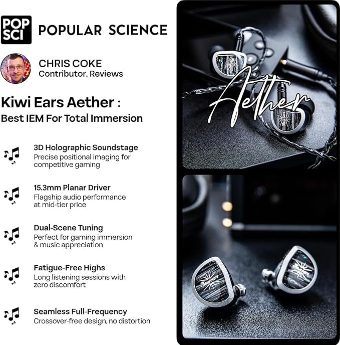 Linsoul Kiwi Ears Aether in Ear Monitor, 15.3mm Large Planar Driver IEM Earphone, HiFi Wired Earbuds, Gaming Earbuds with 2Pin Detachable Cable for Professional Musician Audiophile Gamer