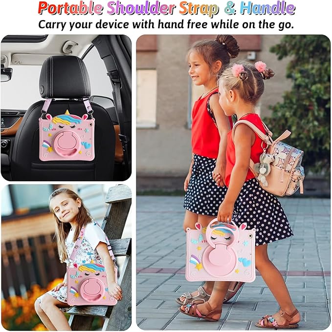 Dteck for iPad 9th/8th/7th Generation Case 10.2",Cute Cartoon Funda 3D Unique Design Light Rotating Handle Stand Shoulder Strap Soft Silicone Drop Rugged Shockproof Protective Kid-Proof Case,Unicorn