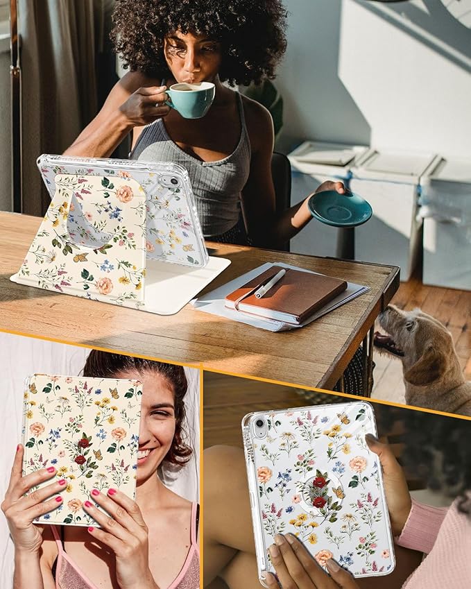 Shorogyt for iPad A16 11th Generation 11 inch 2025 /for i Pad 10th Generation case Magnetic Stand for Women - Cute Design 360 Degree Rotating Covers Girls Kids with Pencil Holder,Retro Flower