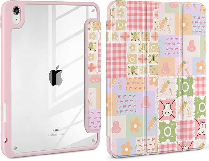 Case for iPad Air 11 inch M4 2026 M3 2025 M2 2024,iPad Air 5th (2022) / 4th (2020) 10.9 Inch Clear Back Shell Lightweight Shockproof TPU Trifold Stand Auto Wake Sleep Cute Cover, Cute Bunny