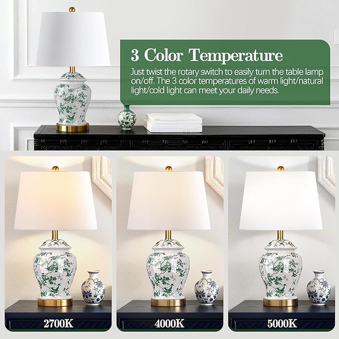 QiMH Chinoiserie Ceramic Table Lamps Set of 2 for Living Room, Vintage Traditional Bedside Lamps for Nightstands, 22" Large Green and White Table Lamp for Bedroom Cottage, Gold(LED Bulbs Included)