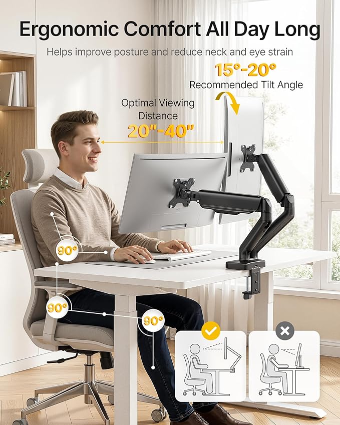 monTEK Heavy Duty Dual Monitor Arm with USB/Audio Ports for 17-32” Screens, Premium Mechanical Spring Monitor Arm up to 19.8 lbs, Full Motion Monitor Desk Mount, VESA 75/100 mm, Clamp/Grommet