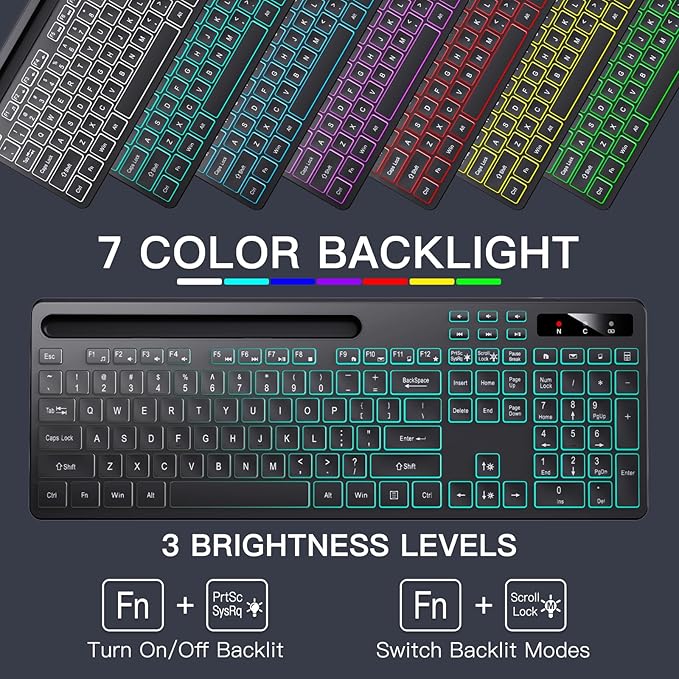 Soueto Wireless Keyboard with 7-Color RGB Backlit, Full-Size Computer Keyboard with Phone Tablet Holder, 2.4G Rechargeable Gaming Keyboard with Light Up Keys, Compatible with Mac, Windows (Black)