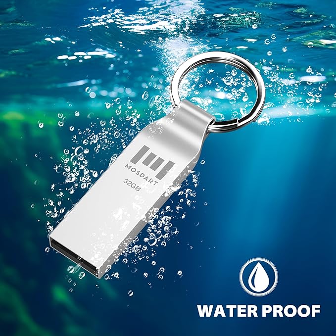MOSDART Waterproof 32GB USB2.0 Flash Drive, FAT32 Metal Memory Stick with Keychain, for System Back, Data Storage, Silver(Pack of 2)