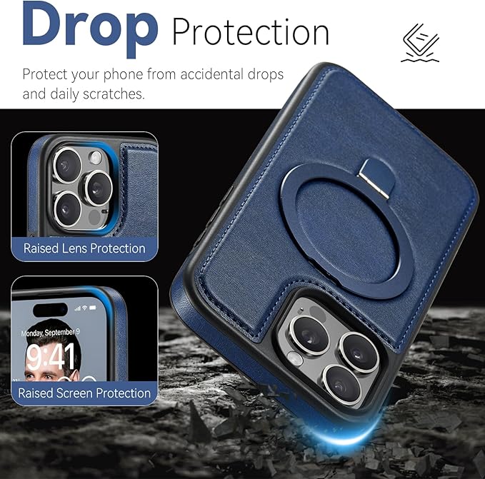 Compatible with iPhone 15 Pro Max Case with Stand, Compatible with MagSafe, Slim PU Leather & Durable TPU Protective Cover Drop-Proof with Tempered Glass Screen Protector 6.7", Blue