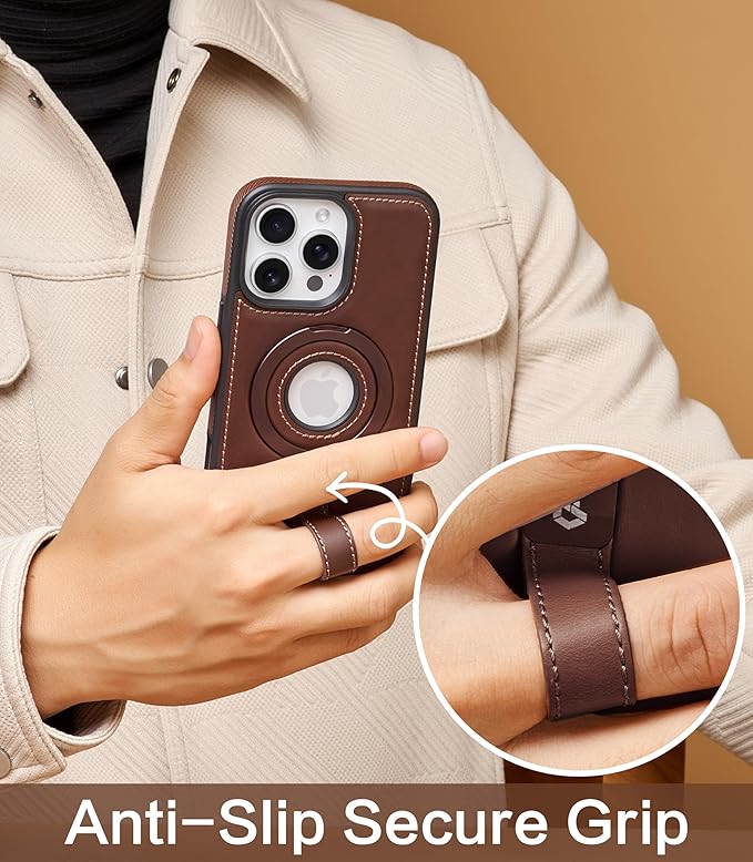 Butaiga for iPhone 16 Pro Max Leather Case with Stand, Anti-Slip Grip Ring, Fits for MagSafe (Cocoa, iPhone 16 Pro Max)