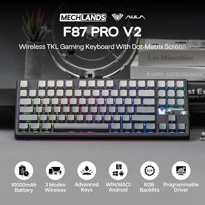 MechLands Aula F87 PRO V2 Wireless Gaming Keyboard with 10000mAh Battery, 8K Polling, SOCD/MT/TGL, BT/2.4GHz/Wired, Hot Swap TKL Mechanical Keyboard with Creamy Gasket, RGB Backlit (Black Gradient)
