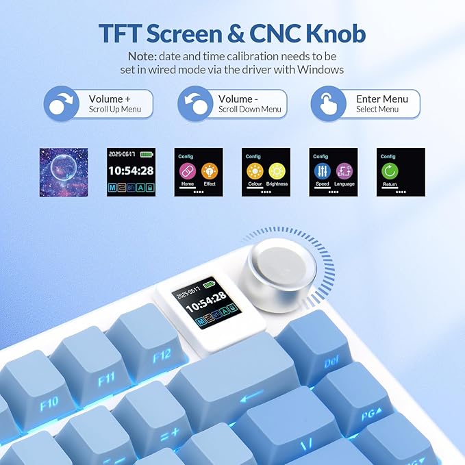 Rii RK805 Wireless Gasket Mechanical Keyboard with TFT Screen and Knob,75% Creamy Gaming Keyboard with RGB Backlight,Tri-Mode BT/2.4G/USB-C,Hot Swappable,for Windows/Mac/Linux(Blue Gradient)