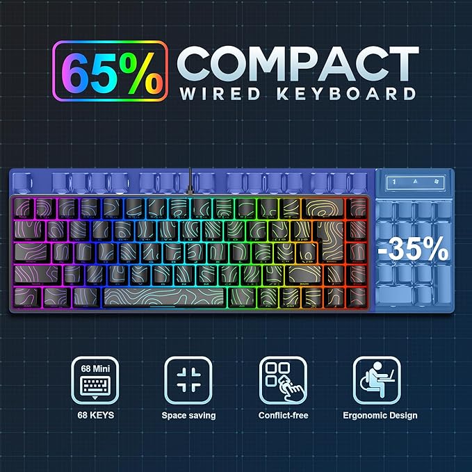 Snpurdiri 65% Wired Gaming Keyboard, 68 Keys RGB Backlit Ultra-Compact Small Gaming Keyboard, for PC/Mac Gamer, Typist, Travel, Easy to Carry on Business Trip Black