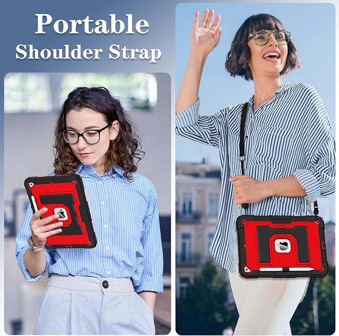 Kids Friendly Case for Apple iPad 10.2" 9th 8th 7th Generation 2021/2020/2019 Case with Pencil Holder & Shoulder Strap, Military Grade Shockproof Kickstand Hard Shell Protective Cover,Black+Red
