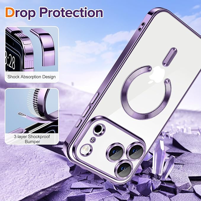 Hython Magnetic Clear for iPhone 17 Pro Max Case with Camera Lens Protector [Compatible with MagSafe] Plating Edge Slim Soft TPU Cover Protective Phone Case for iPhone 17 Pro Max 6.9", Deep Purple